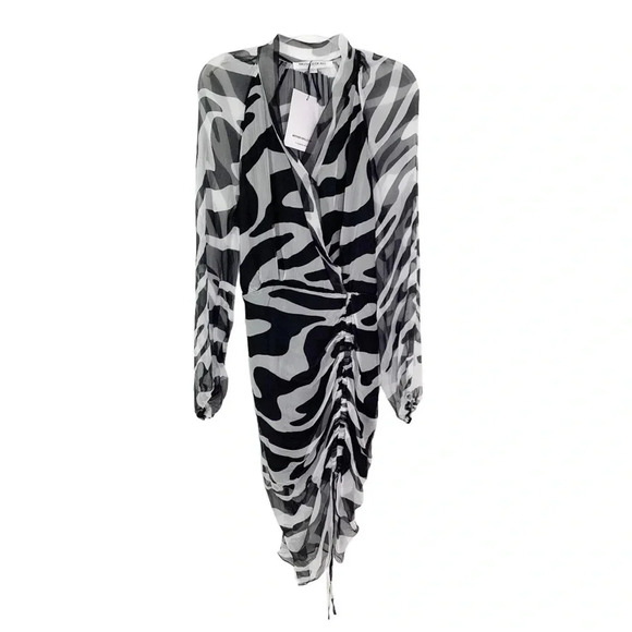 MOTHER OF ALL Vera Ruched Long Sleeve Silk Dress Black and White size 8/10 NWT - Picture 6 of 13